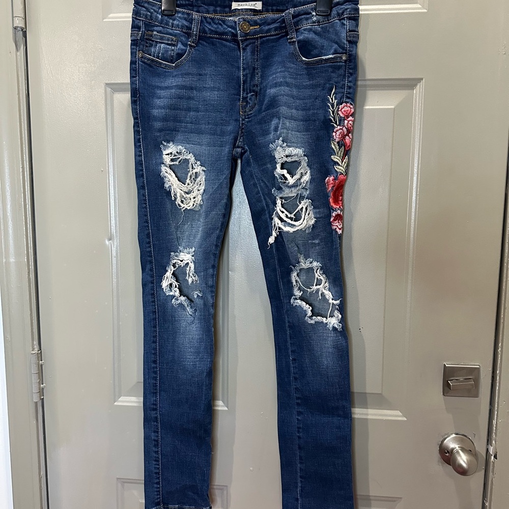 Embroidered Blue Distressed Women Jeans Rose Floral Skinny Y2K Machine 32 13